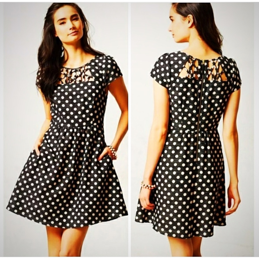 Anthropologie Maeve Nikola Polka Dot Mini Dress | Black White | Sz 4 🖤🤍 EUC